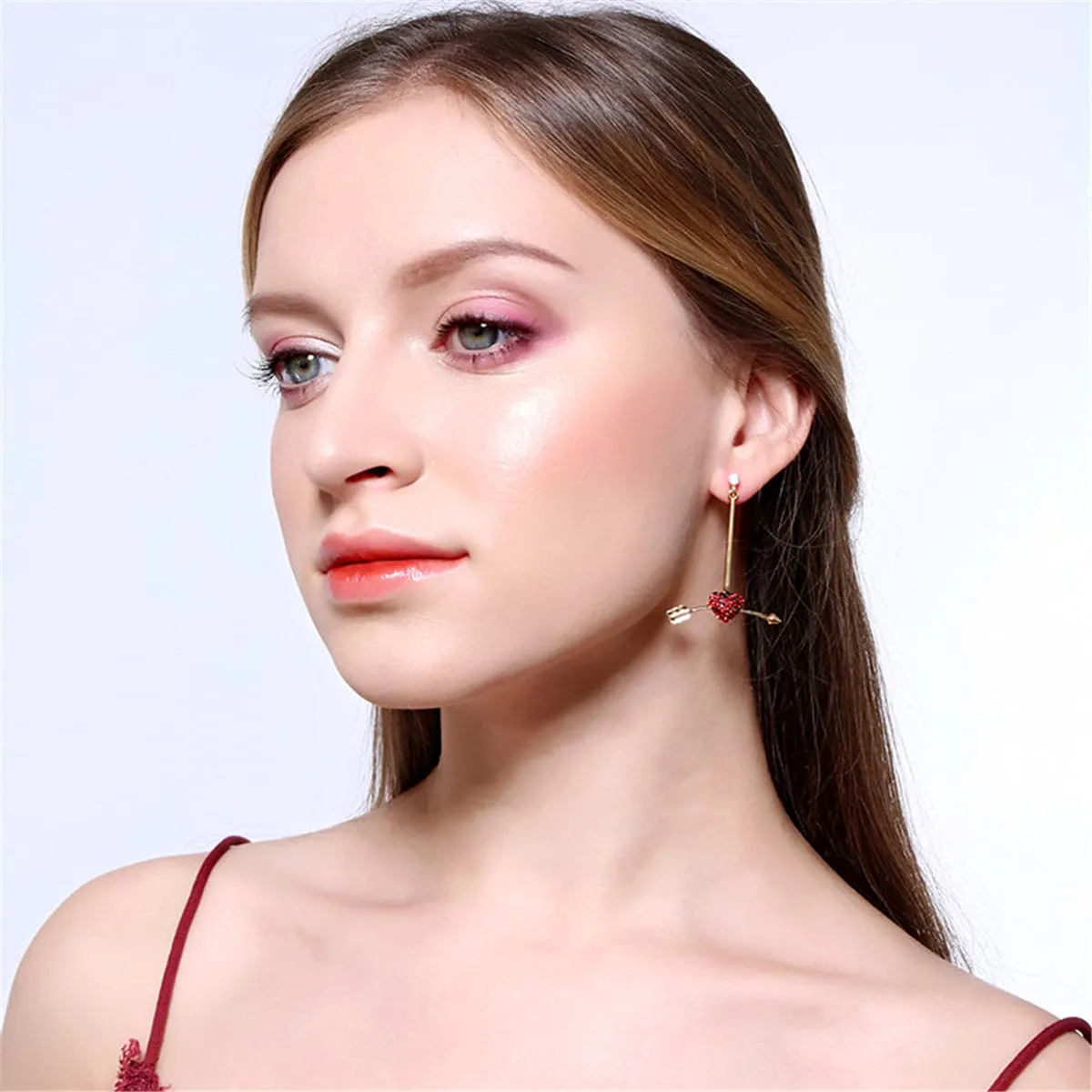 Red Cubic Zirconia & 18K Gold-Plated Arrow Heart Drop Earrings