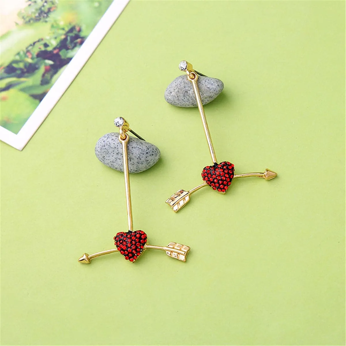 Red Cubic Zirconia & 18K Gold-Plated Arrow Heart Drop Earrings