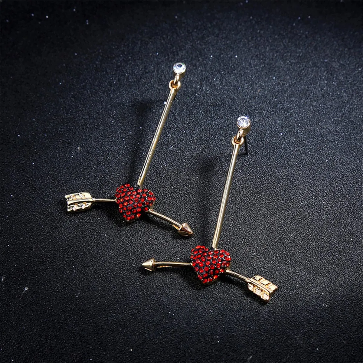Red Cubic Zirconia & 18K Gold-Plated Arrow Heart Drop Earrings