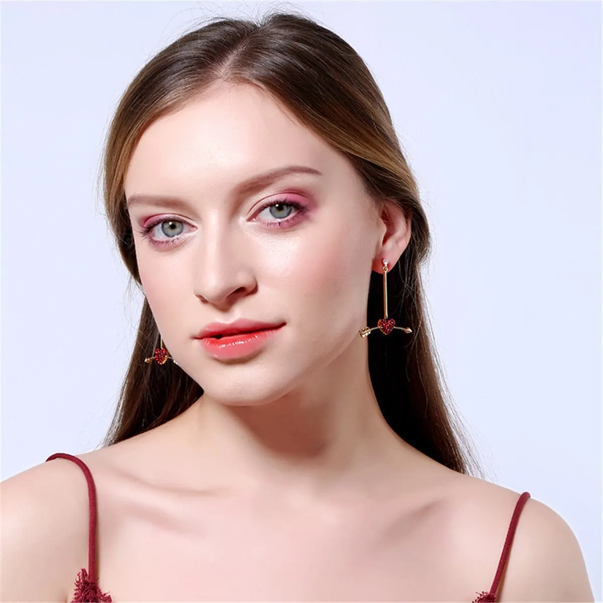 Red Cubic Zirconia & 18K Gold-Plated Arrow Heart Drop Earrings