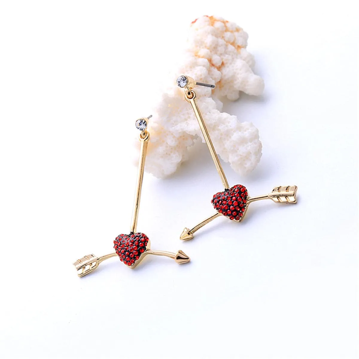 Red Cubic Zirconia & 18K Gold-Plated Arrow Heart Drop Earrings