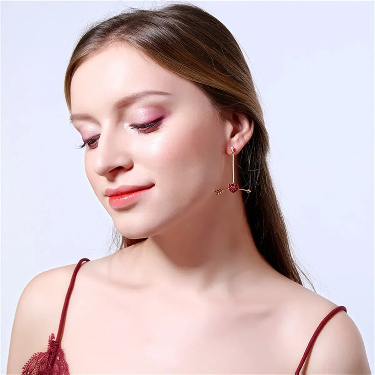 Red Cubic Zirconia & 18K Gold-Plated Arrow Heart Drop Earrings