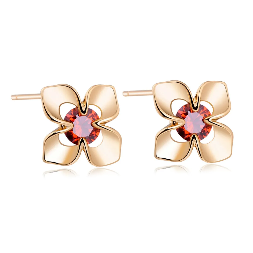 Red Cubic Zirconia & 18K Rose Gold-Plated Clover Stud Earrings