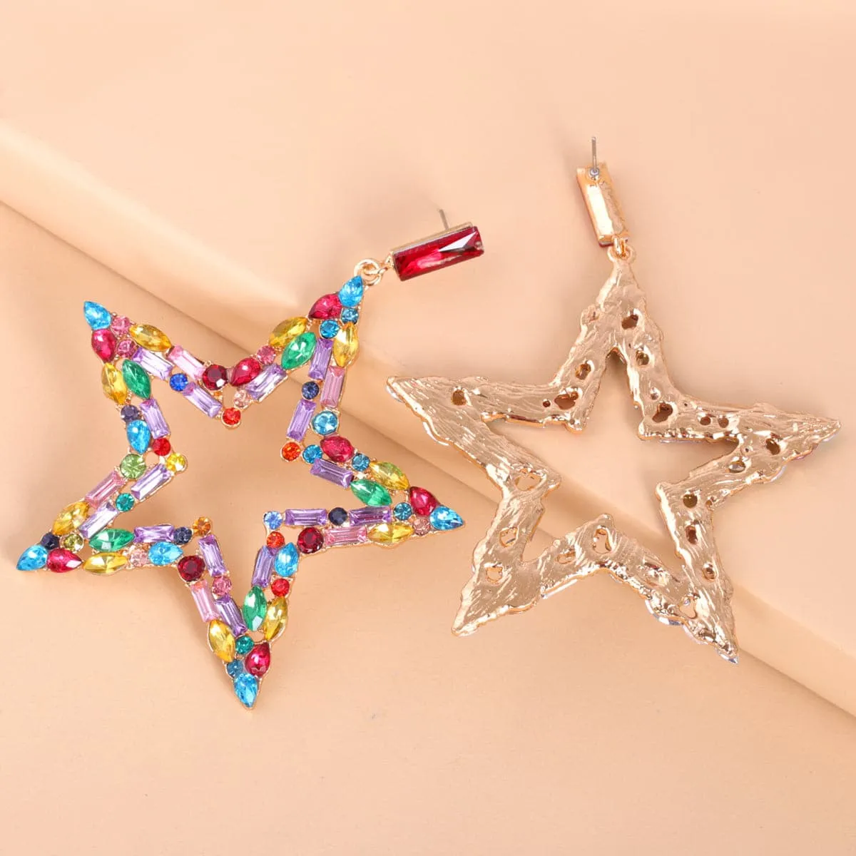 Red Multicolor Cubic Zirconia & 18K Gold-Plated Open Star Drop Earrings