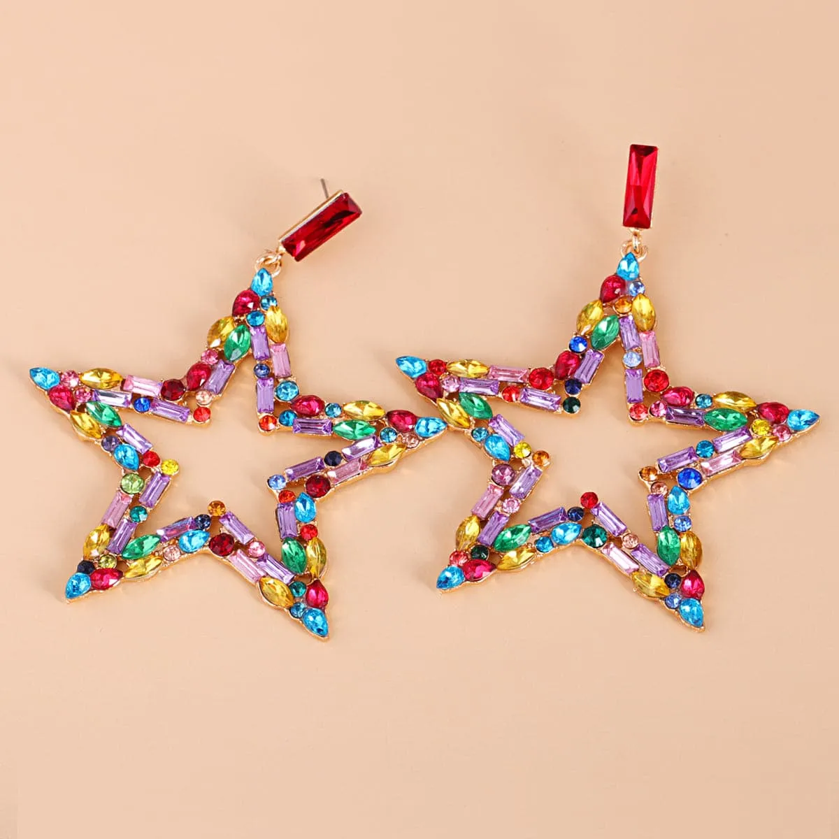 Red Multicolor Cubic Zirconia & 18K Gold-Plated Open Star Drop Earrings