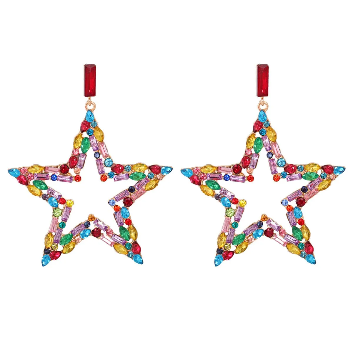 Red Multicolor Cubic Zirconia & 18K Gold-Plated Open Star Drop Earrings
