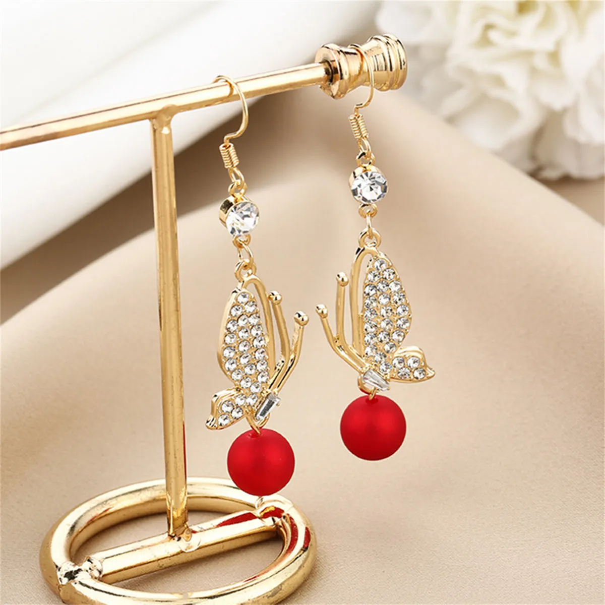 Red Resin & Cubic Zirconia 18K Gold-Plated Butterfly Drop Earrings