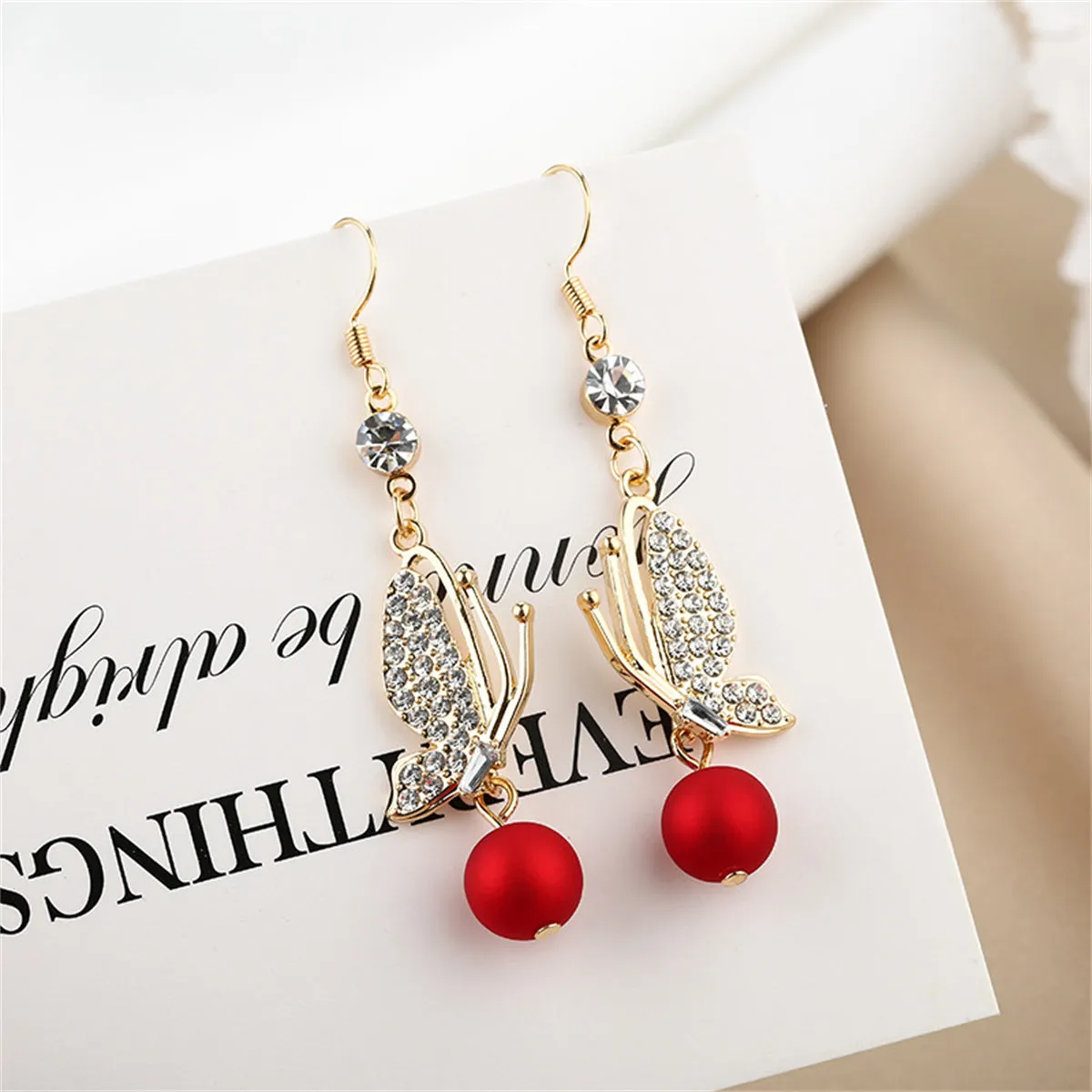 Red Resin & Cubic Zirconia 18K Gold-Plated Butterfly Drop Earrings