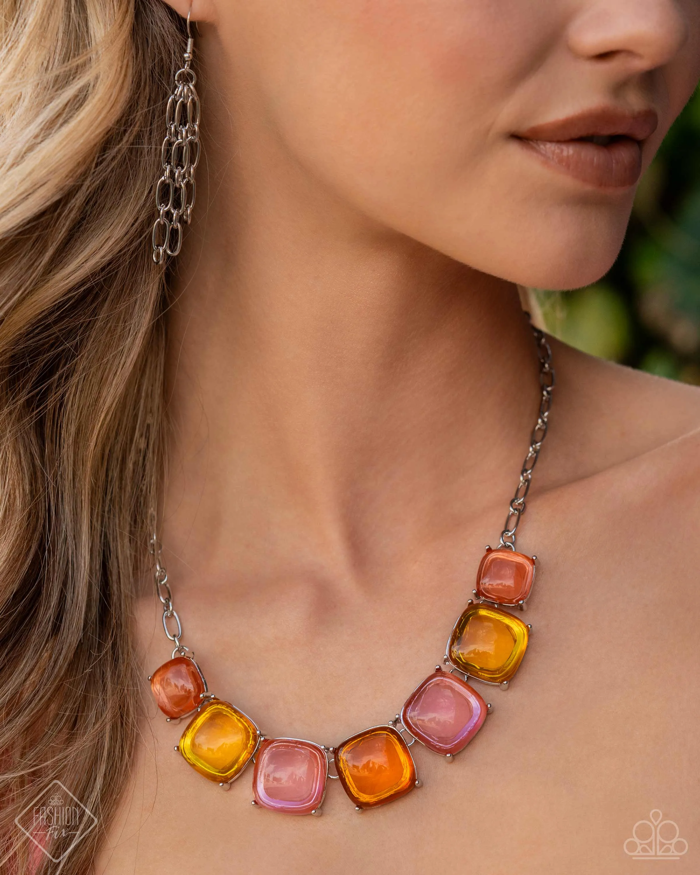 Reflective Range - Pink - Yellow, and Orange Bead Paparazzi Short Necklace - April 2024 Glimpses of Malibu