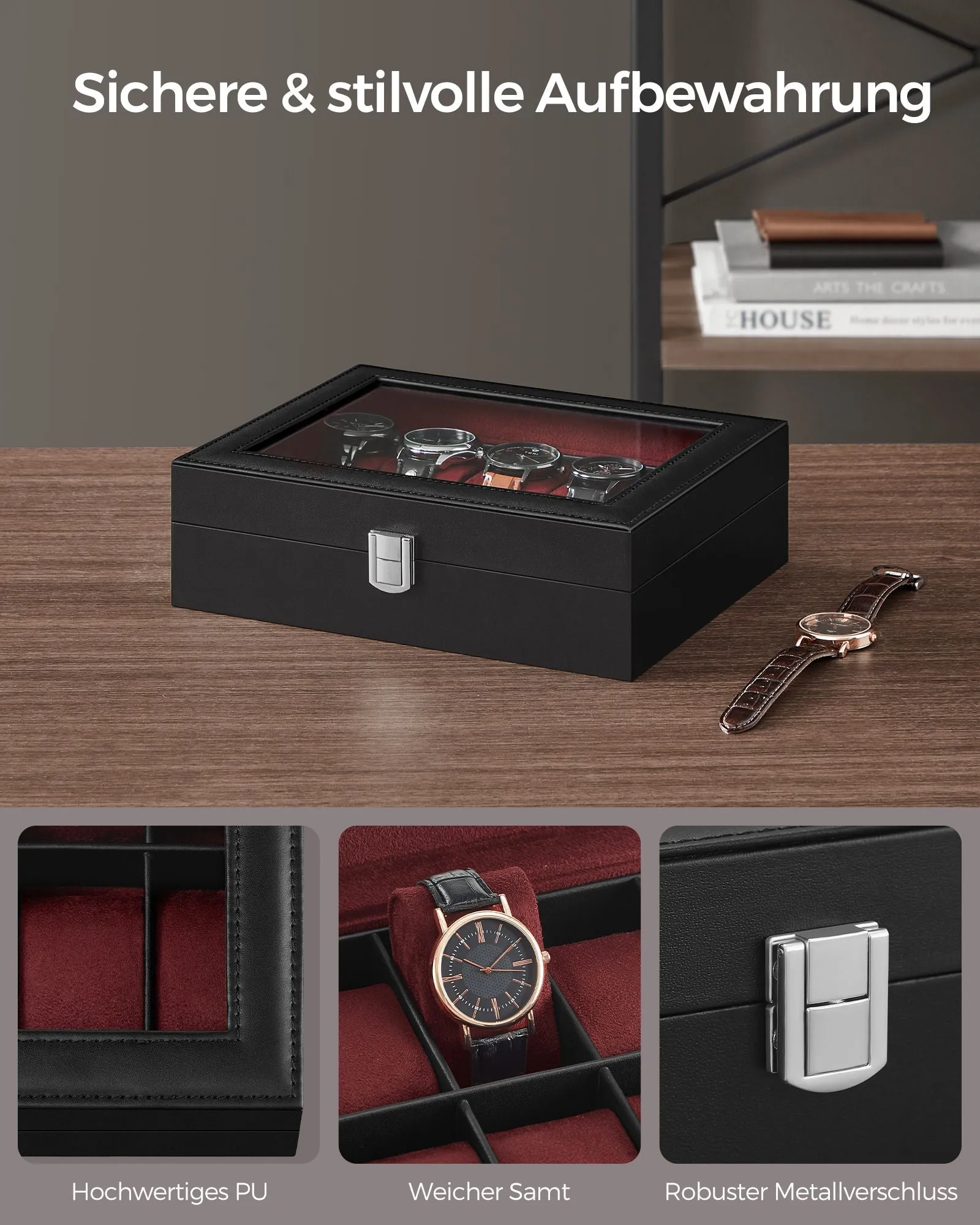 Rootz Watch Box - Black PU Cover - Wine Red Velvet Lining - MDF Material - Glass Lid - 20.2cm x 25.5cm x 7.8cm - 0.9kg