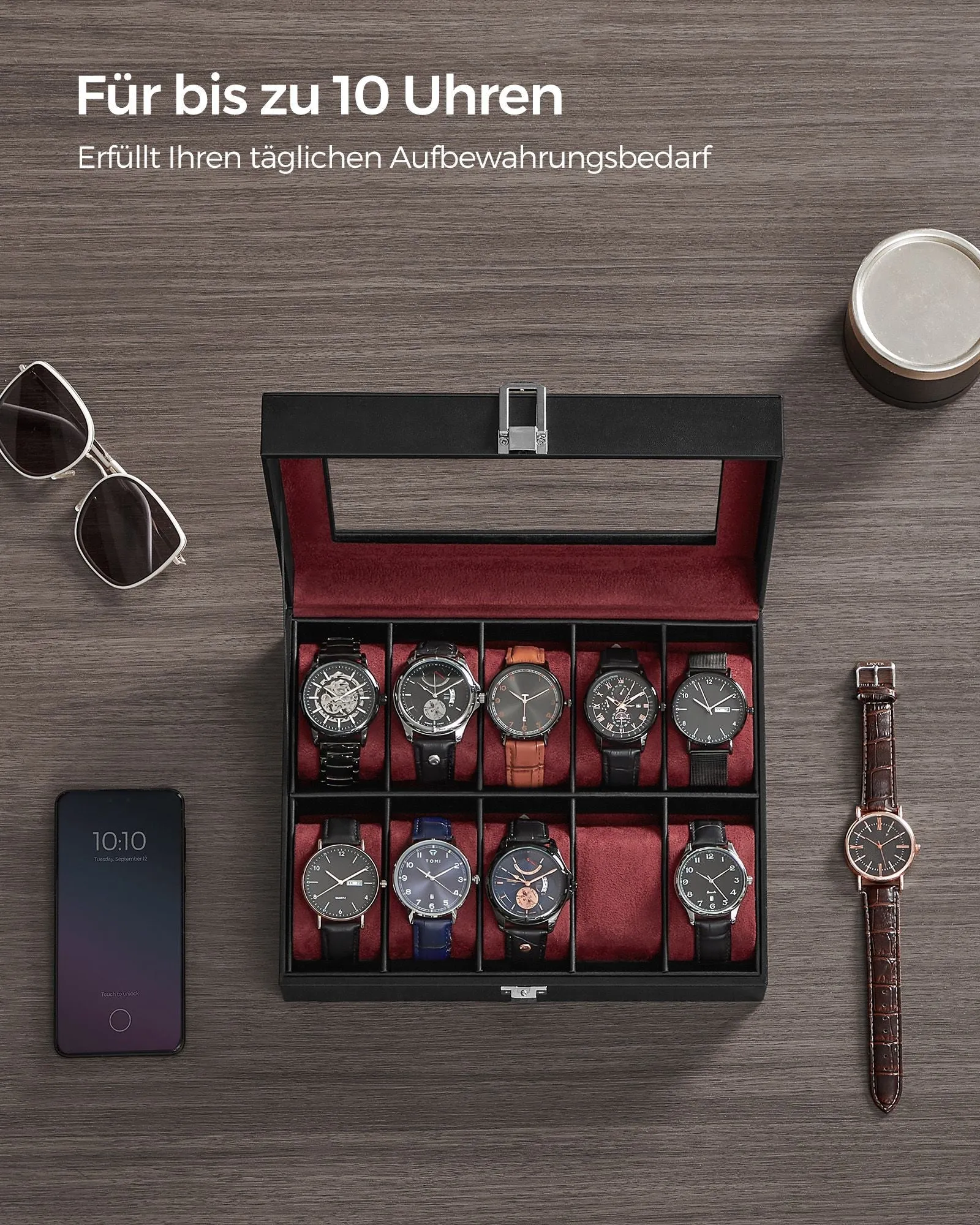 Rootz Watch Box - Black PU Cover - Wine Red Velvet Lining - MDF Material - Glass Lid - 20.2cm x 25.5cm x 7.8cm - 0.9kg