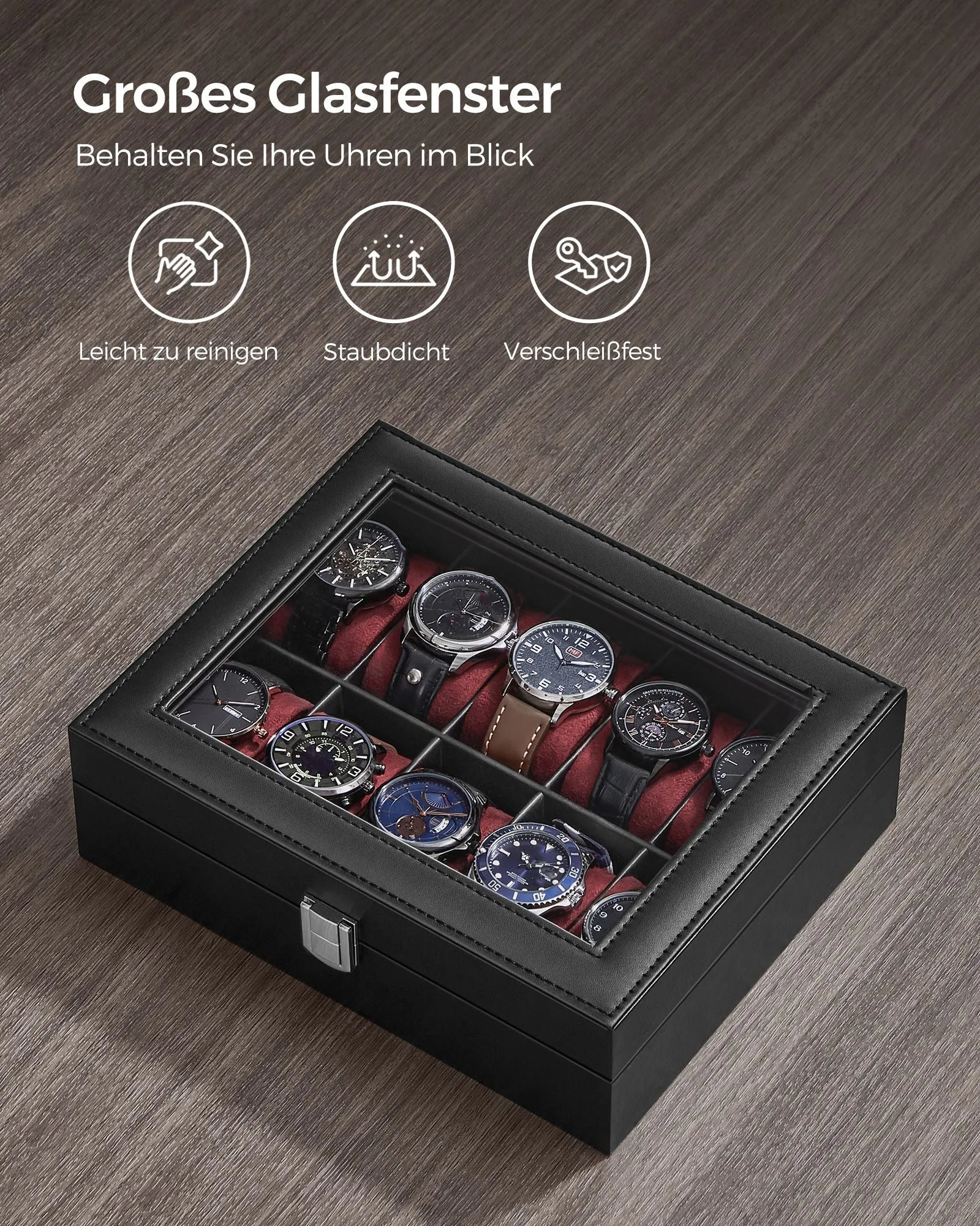 Rootz Watch Box - Black PU Cover - Wine Red Velvet Lining - MDF Material - Glass Lid - 20.2cm x 25.5cm x 7.8cm - 0.9kg