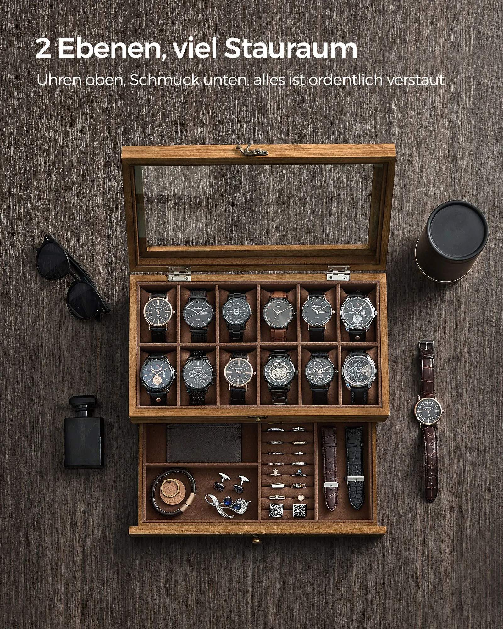 Rootz Watch Box - Organizer - Storage Case - Solid Walnut Wood - 30cm x 20cm x 8cm