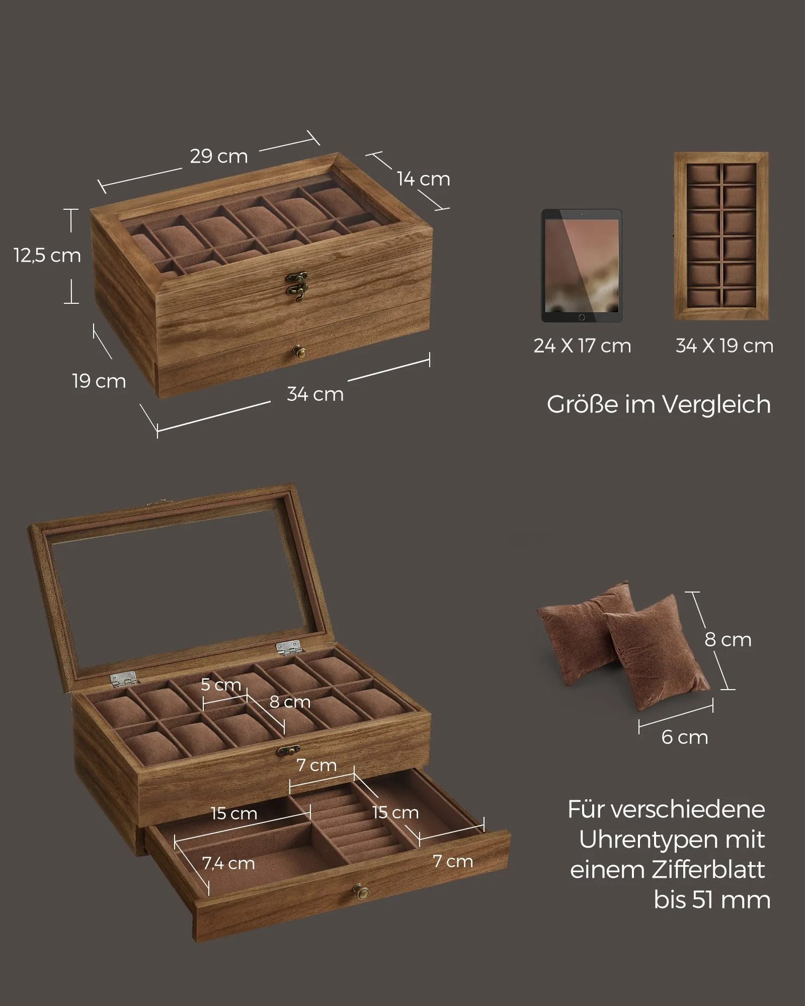 Rootz Watch Box - Organizer - Storage Case - Solid Walnut Wood - 30cm x 20cm x 8cm