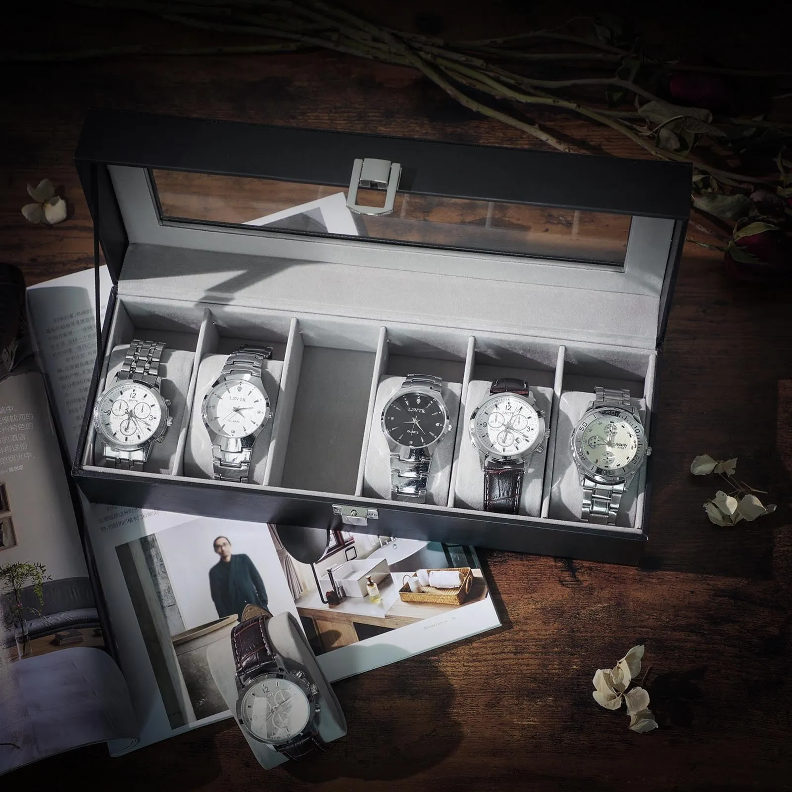 Rootz Watch Box - Watch Organizer - Watch Storage - Velvet Lining - Glass Lid - Perfect Gift Idea - 30cm x 11.2cm x 8cm