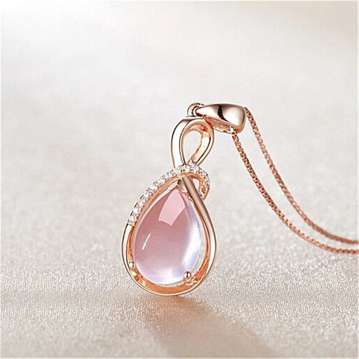 Rose Quartz & Cubic Zirconia Teardrop Pendant Necklace