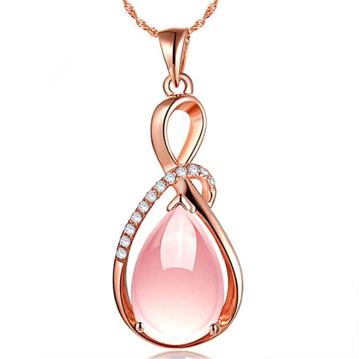 Rose Quartz & Cubic Zirconia Teardrop Pendant Necklace