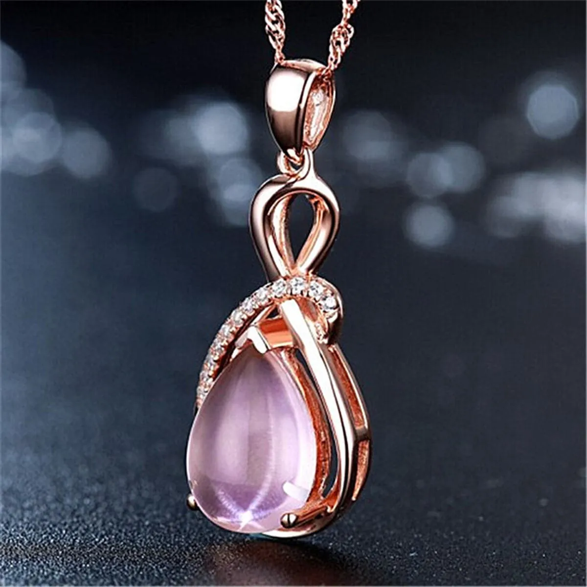 Rose Quartz & Cubic Zirconia Teardrop Pendant Necklace