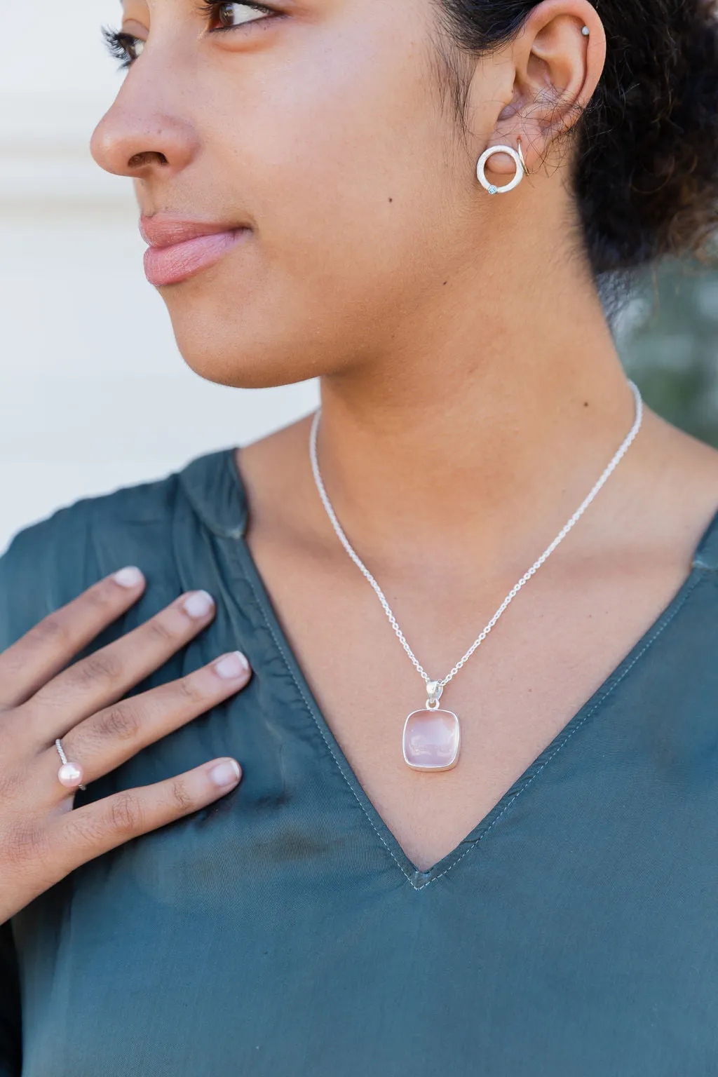 Rose Quartz Square Pendant & Silver Chain