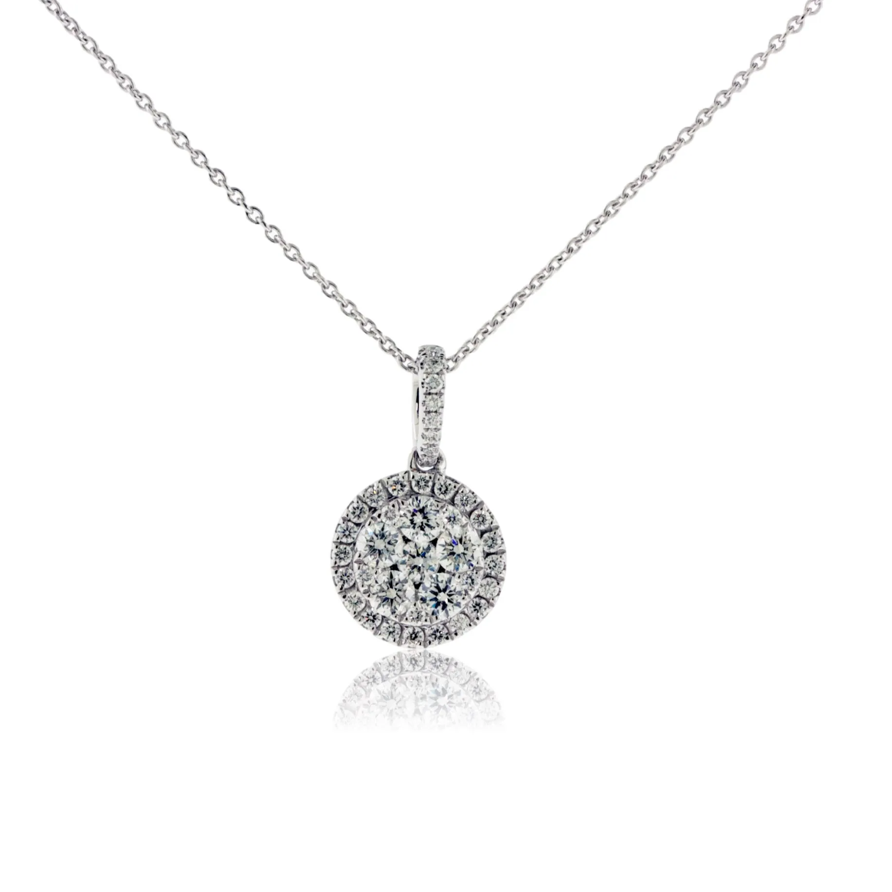 Round Cluster & Halo Diamond Pendant w/Chain