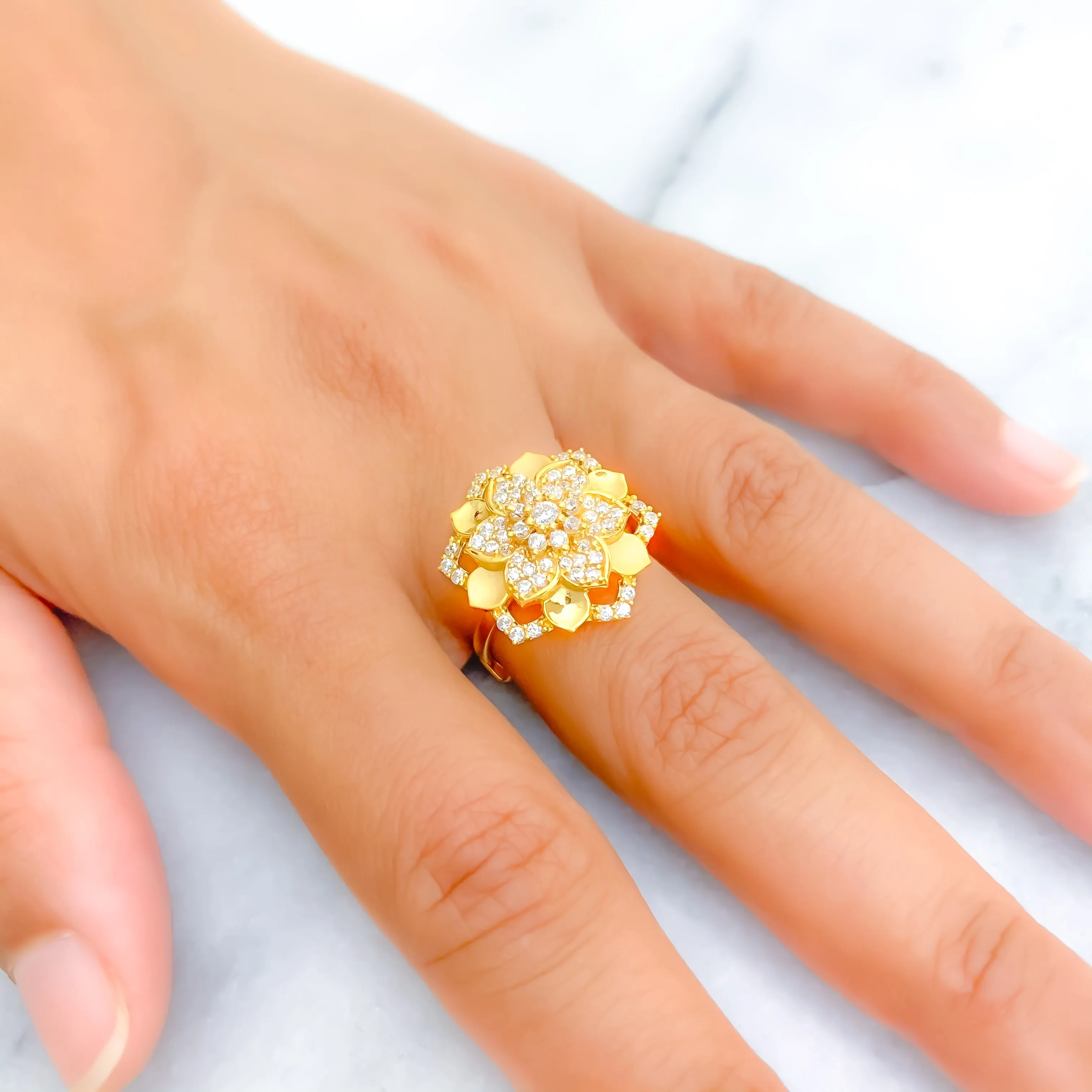 Royal CZ Flower 22k Gold Statement Ring