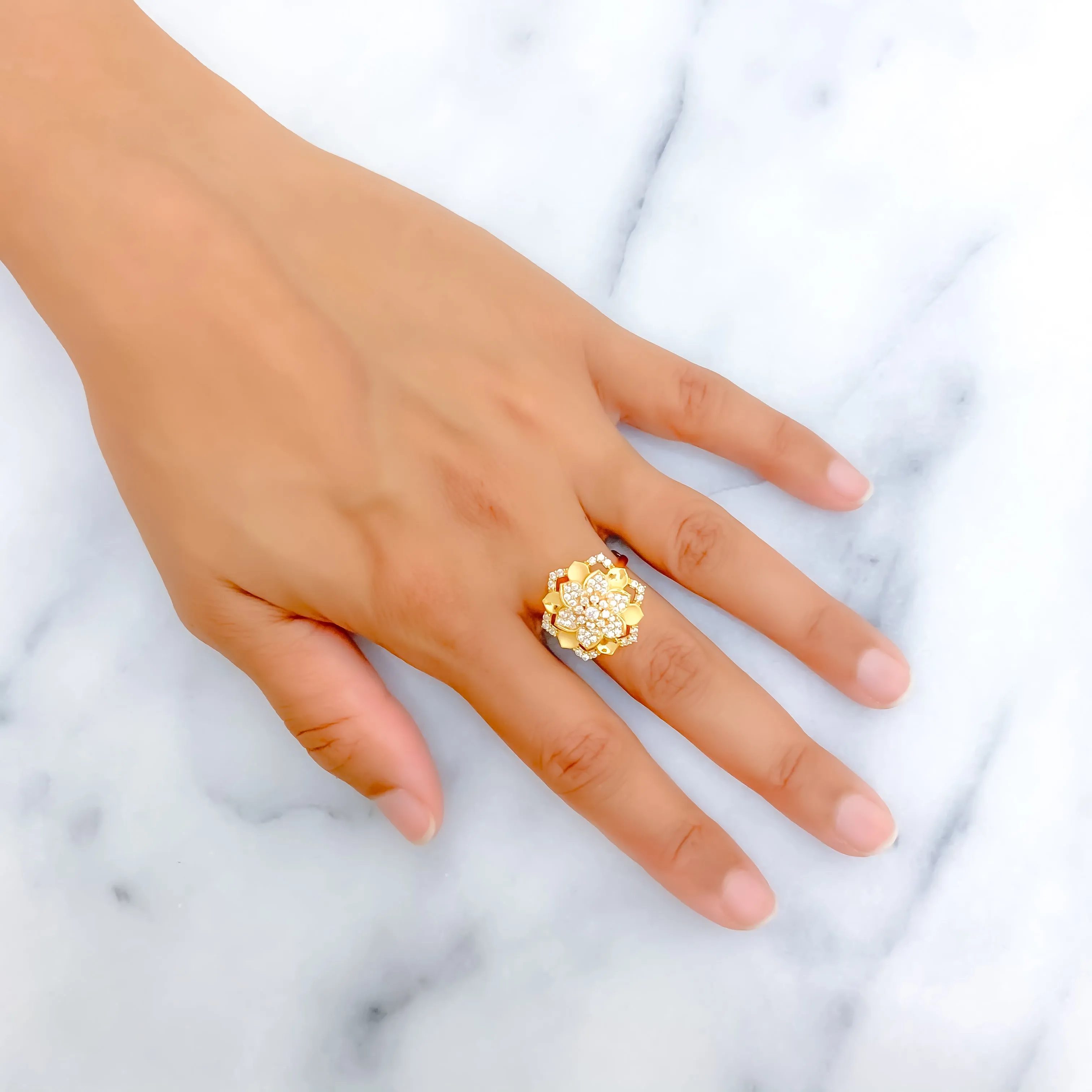 Royal CZ Flower 22k Gold Statement Ring