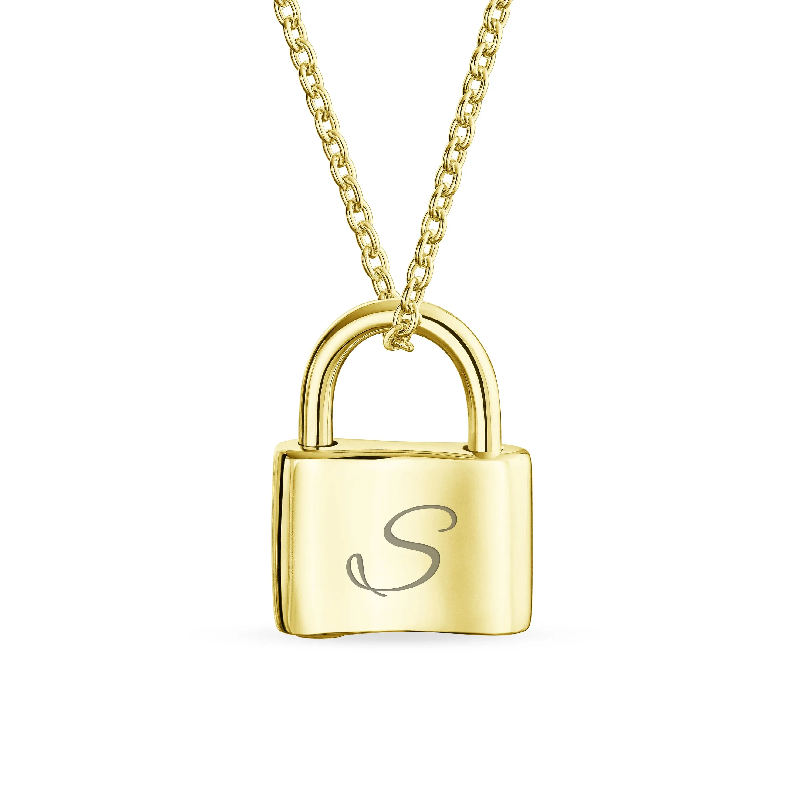 Script Initial Monogram Lock Pendant Charm Necklace Gold Plated Silver 16 Inch