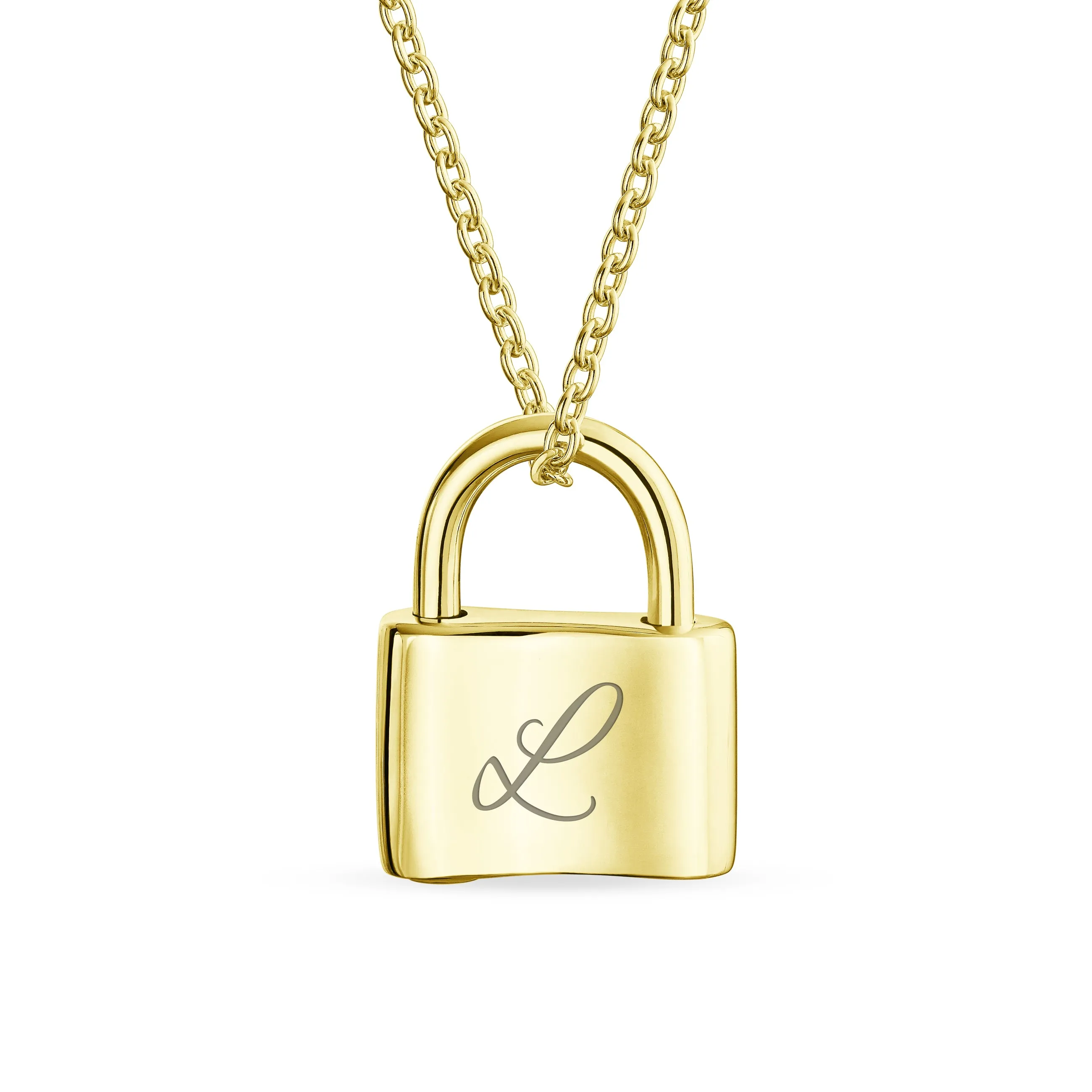 Script Initial Monogram Lock Pendant Charm Necklace Gold Plated Silver 16 Inch