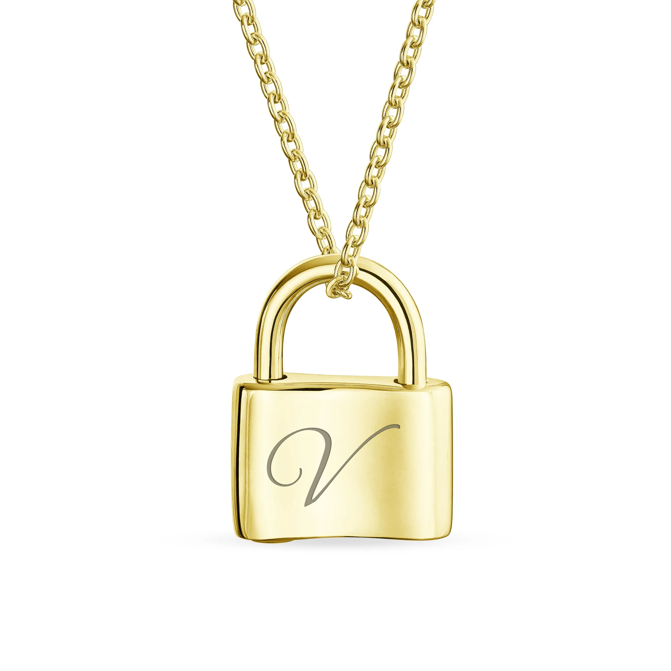Script Initial Monogram Lock Pendant Charm Necklace Gold Plated Silver 16 Inch