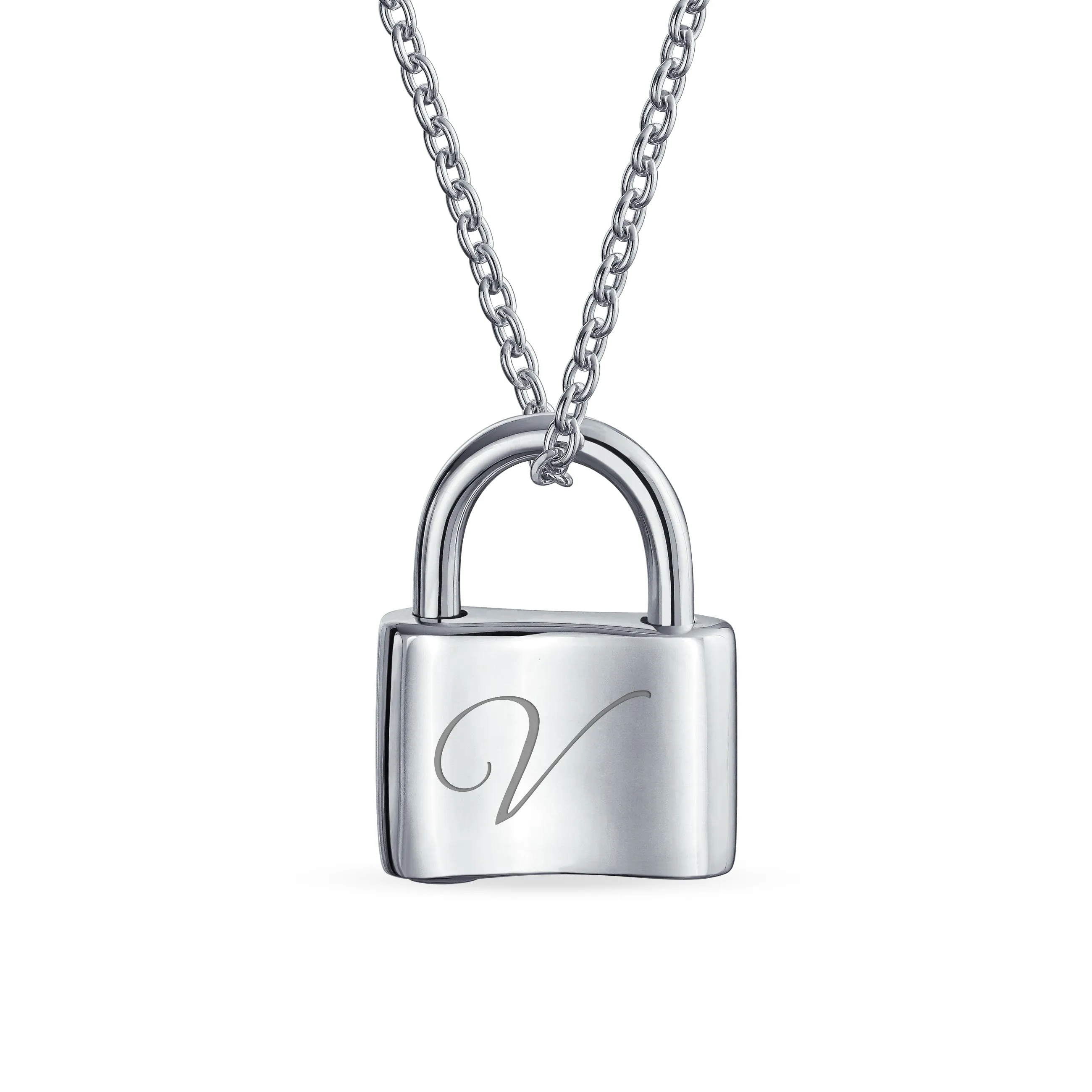 Script Initial Monogram Lock Pendant Charm Necklace Gold Plated Silver 16 Inch