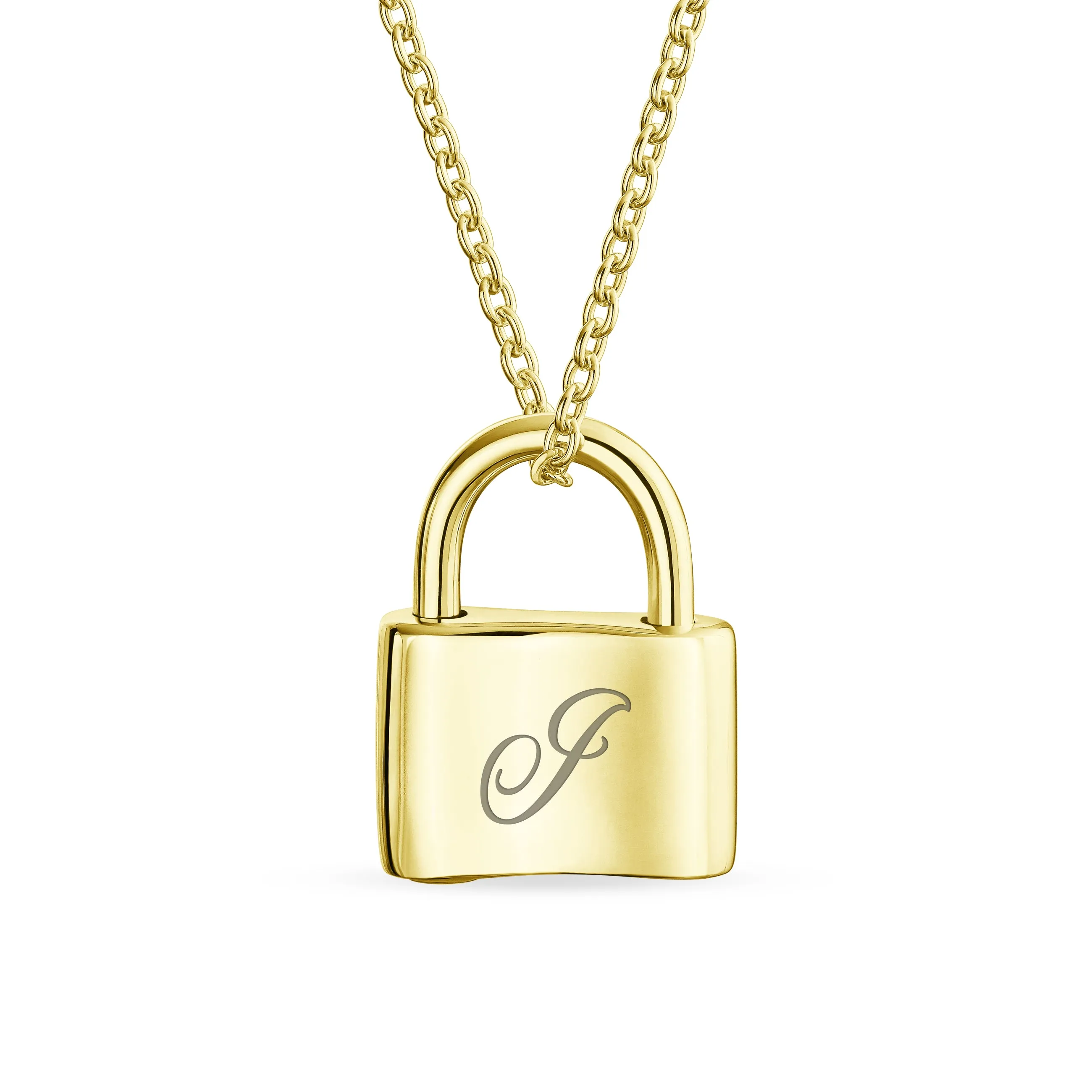 Script Initial Monogram Lock Pendant Charm Necklace Gold Plated Silver 16 Inch