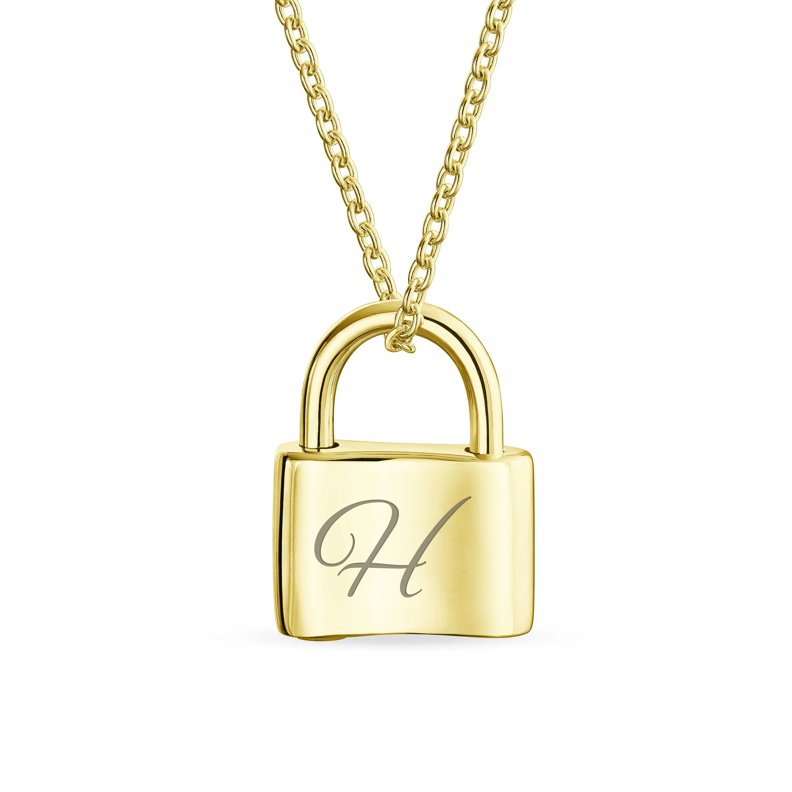 Script Initial Monogram Lock Pendant Charm Necklace Gold Plated Silver 16 Inch