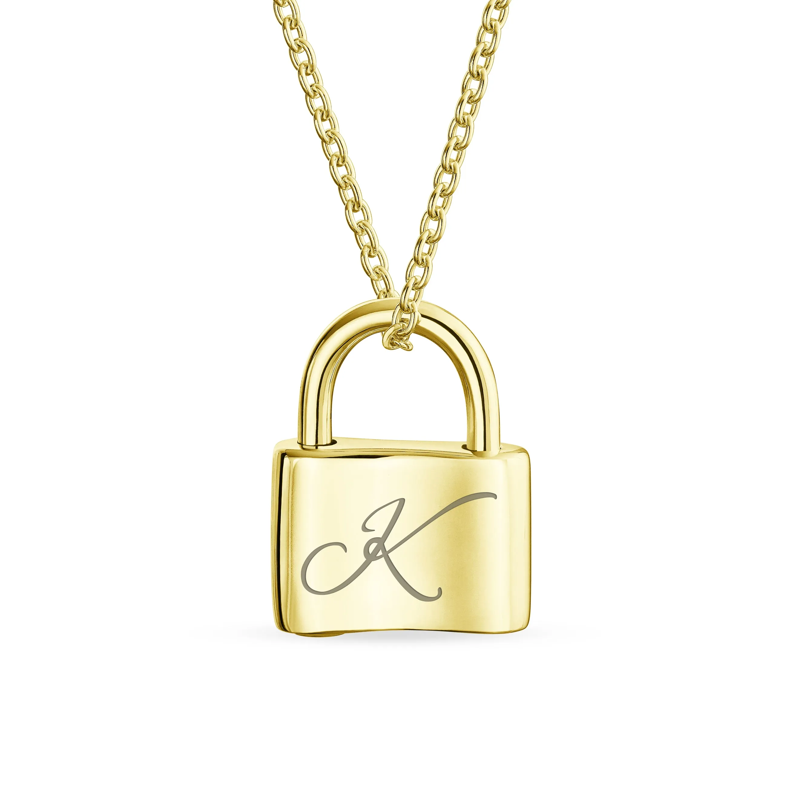 Script Initial Monogram Lock Pendant Charm Necklace Gold Plated Silver 16 Inch