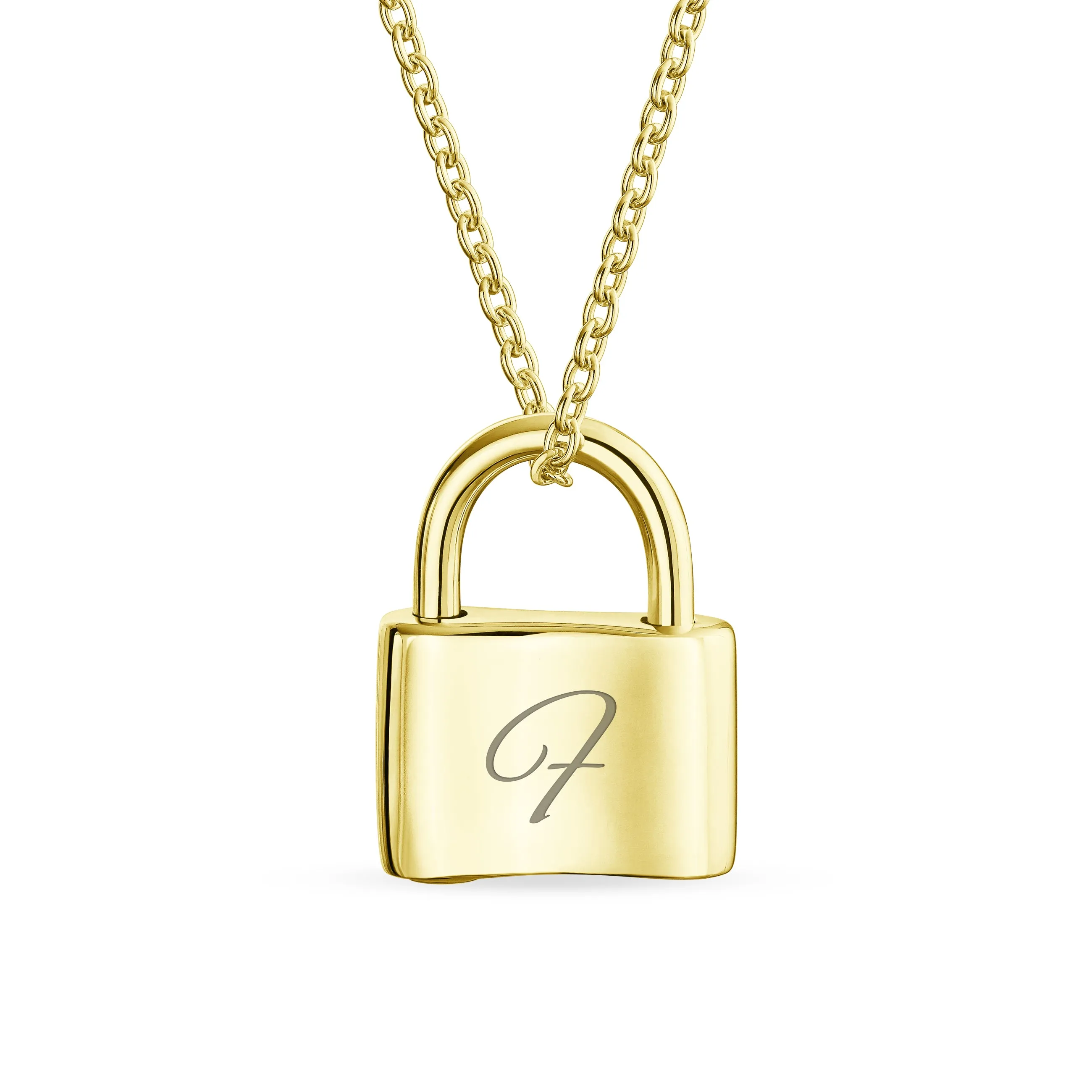 Script Initial Monogram Lock Pendant Charm Necklace Gold Plated Silver 16 Inch