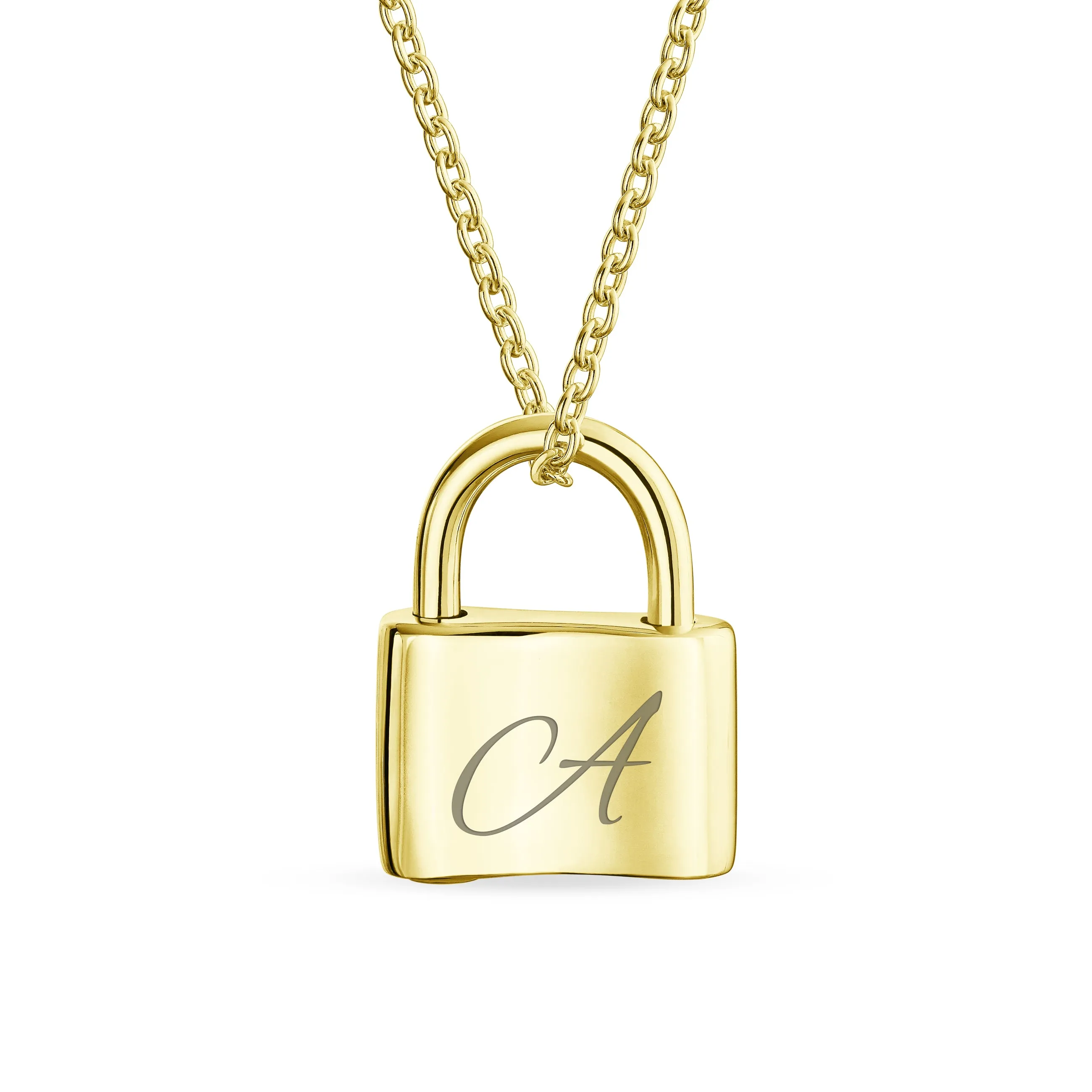 Script Initial Monogram Lock Pendant Charm Necklace Gold Plated Silver 16 Inch