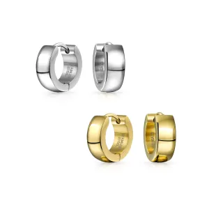 Set of 2 Simple Basic Polished Huggie Hoop Earrings Silver Gold Plated Steel