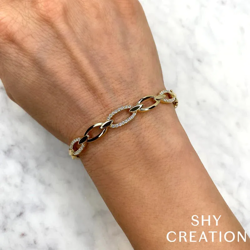 Shy Creation Alternating Oval Diamond Link Bangle Bracelet