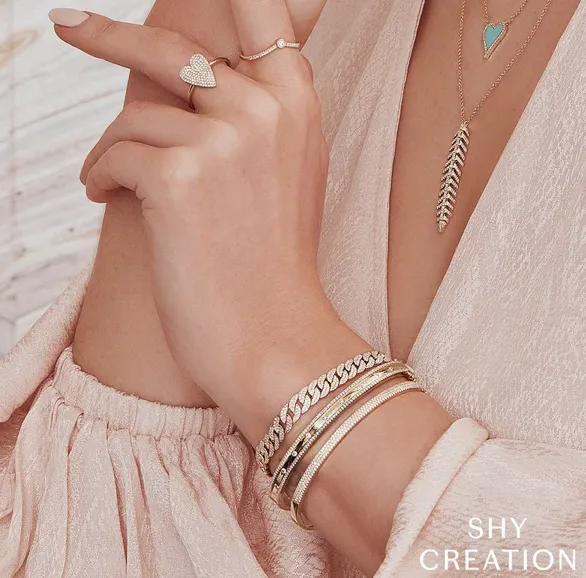 Shy Creation Three-Row Pave Diamond Bangle Bracelet