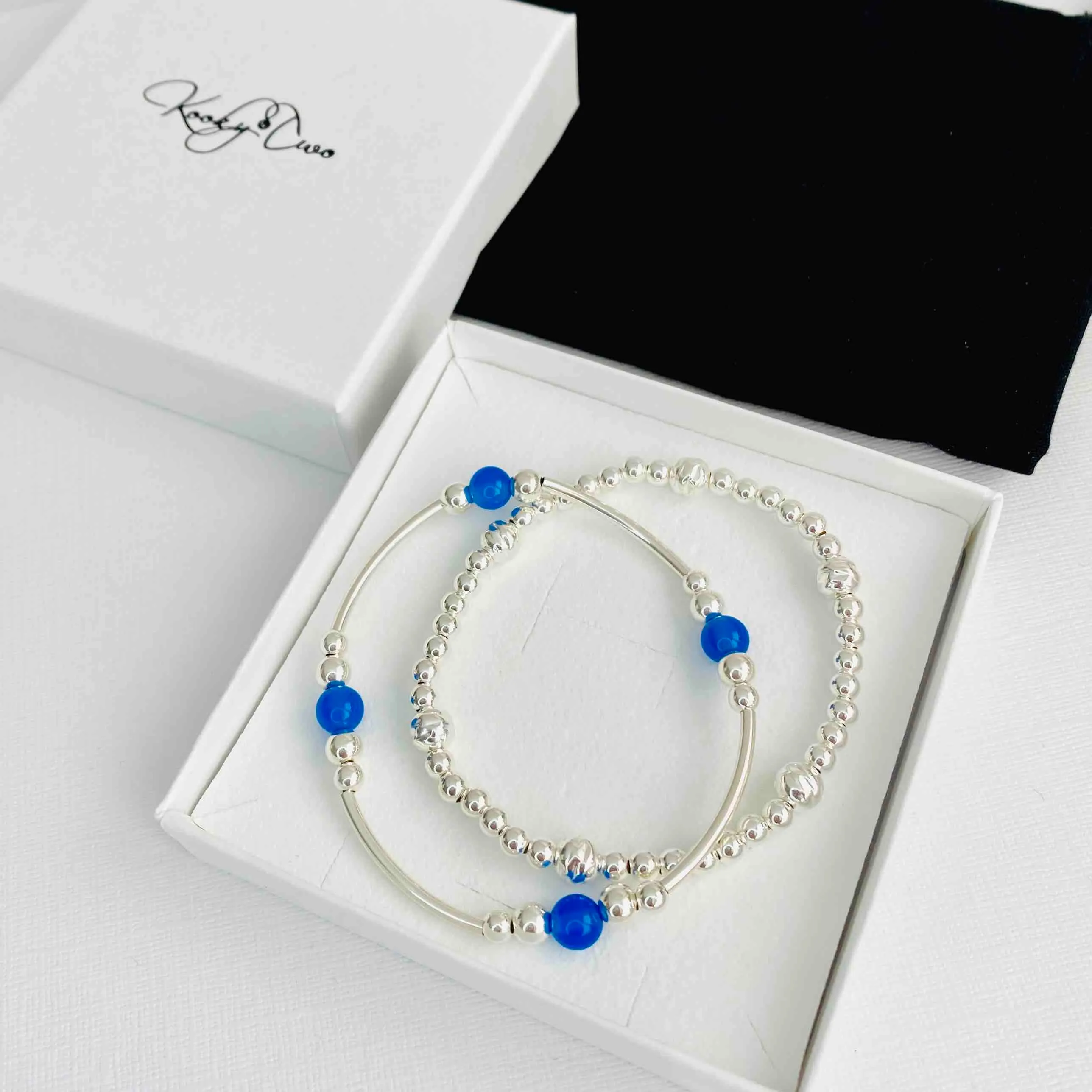 Silver Blue Onyx Gemstone Bracelet Set