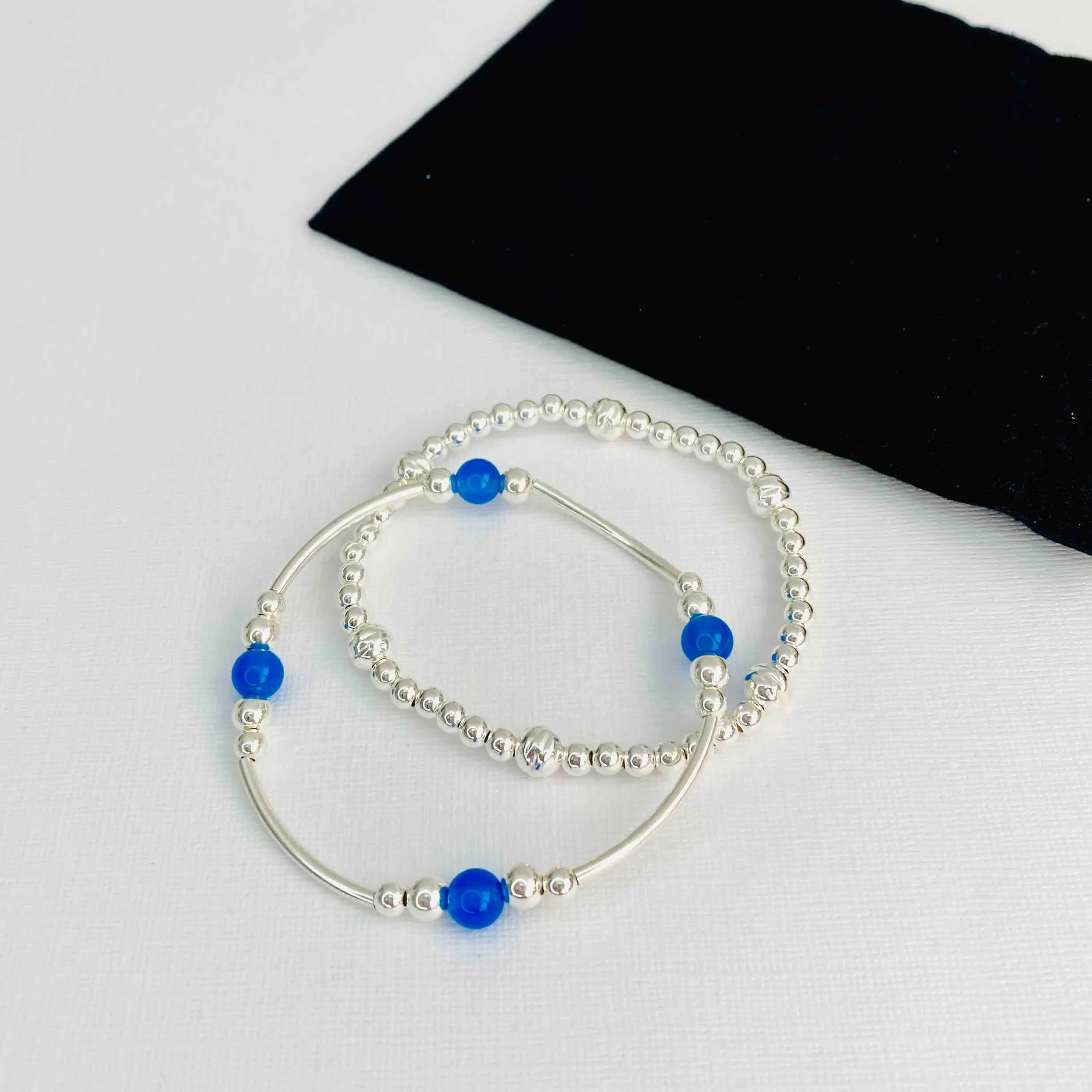 Silver Blue Onyx Gemstone Bracelet Set