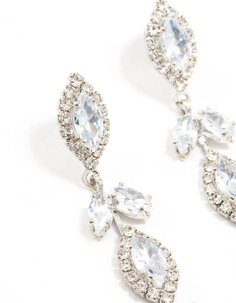 Silver Marquise Cubic Zirconia Leaf Drop Earrings