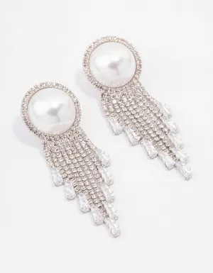 Silver Oversized Pearl Cup Chain Diamante Earrings