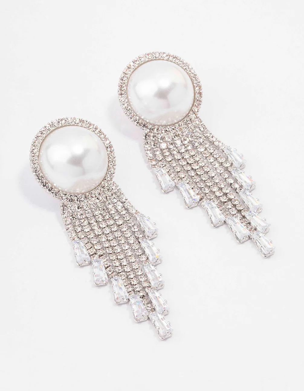 Silver Oversized Pearl Cup Chain Diamante Earrings