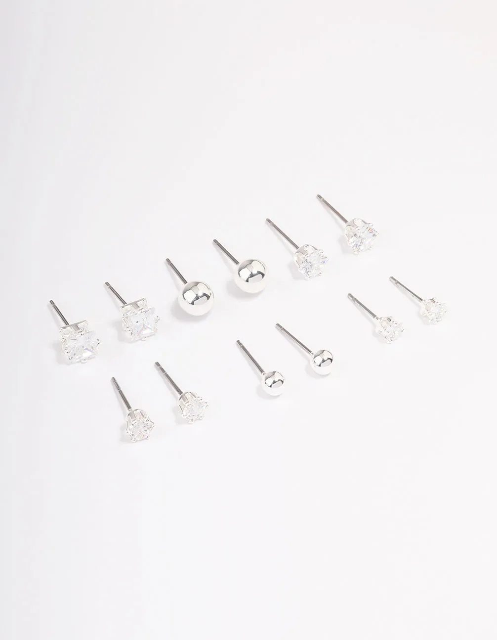 Silver Plated Cubic Zirconia & Ball Stud Earring 6-Pack