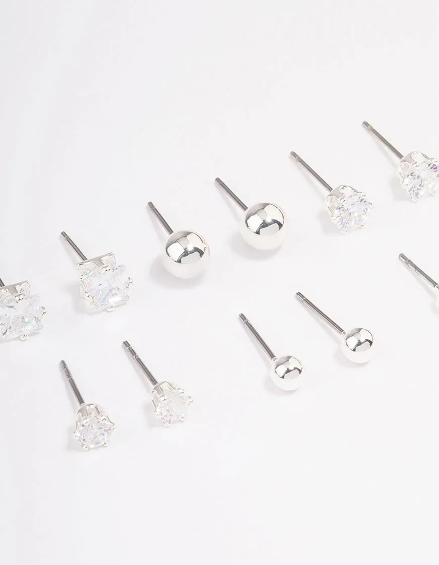 Silver Plated Cubic Zirconia & Ball Stud Earring 6-Pack