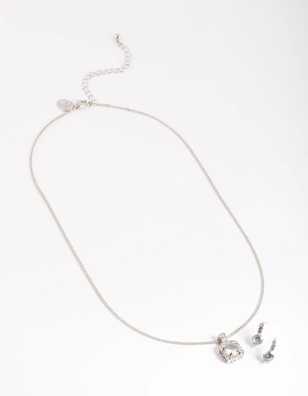 Silver Square Halo Necklace & Stud Earrings