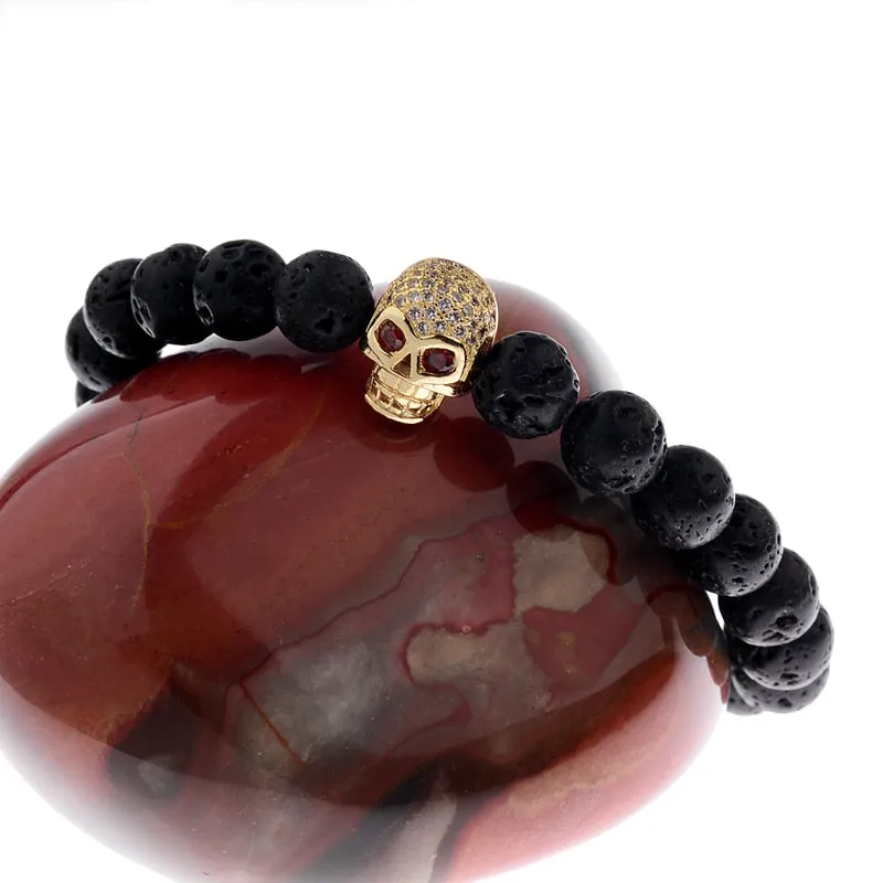 Skeleton Black Natural Lava Stone Beads Bracelet 3 Colors