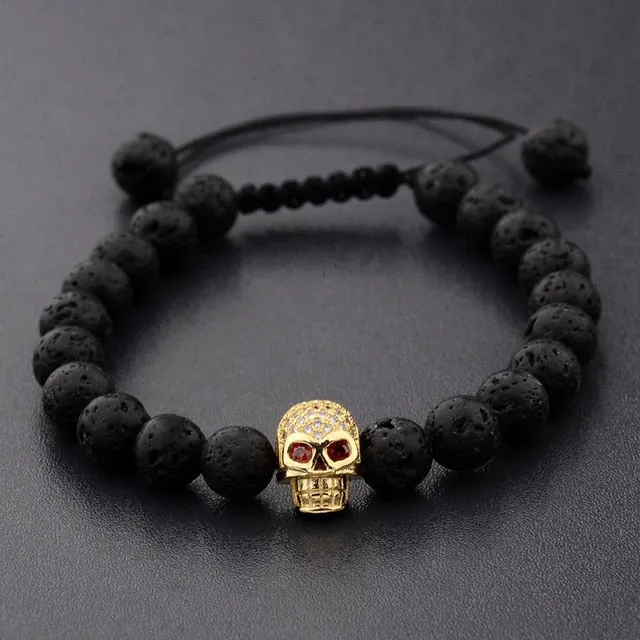 Skeleton Black Natural Lava Stone Beads Bracelet 3 Colors