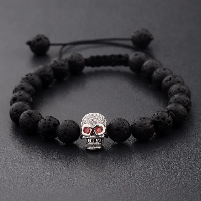 Skeleton Black Natural Lava Stone Beads Bracelet 3 Colors