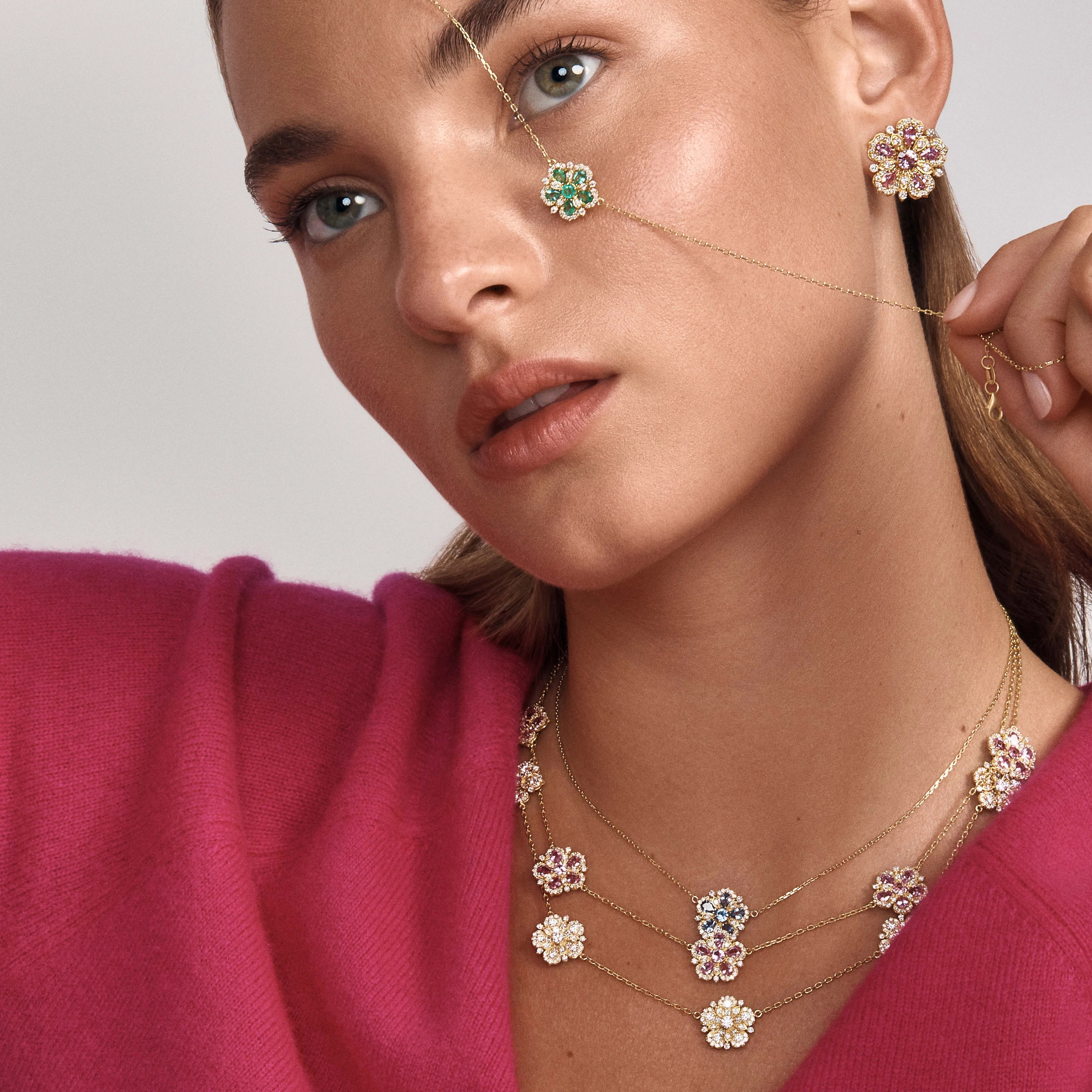 Small Jasmine Bloom Station Necklace with Pink Sapphires & Diamonds